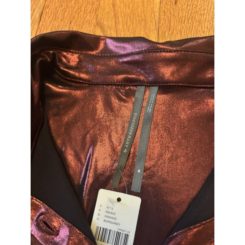 By Anthropologie Shine Button Down Shirt Burgundy Metallic Long Sleeve M NWT - Picture 4 of 7
